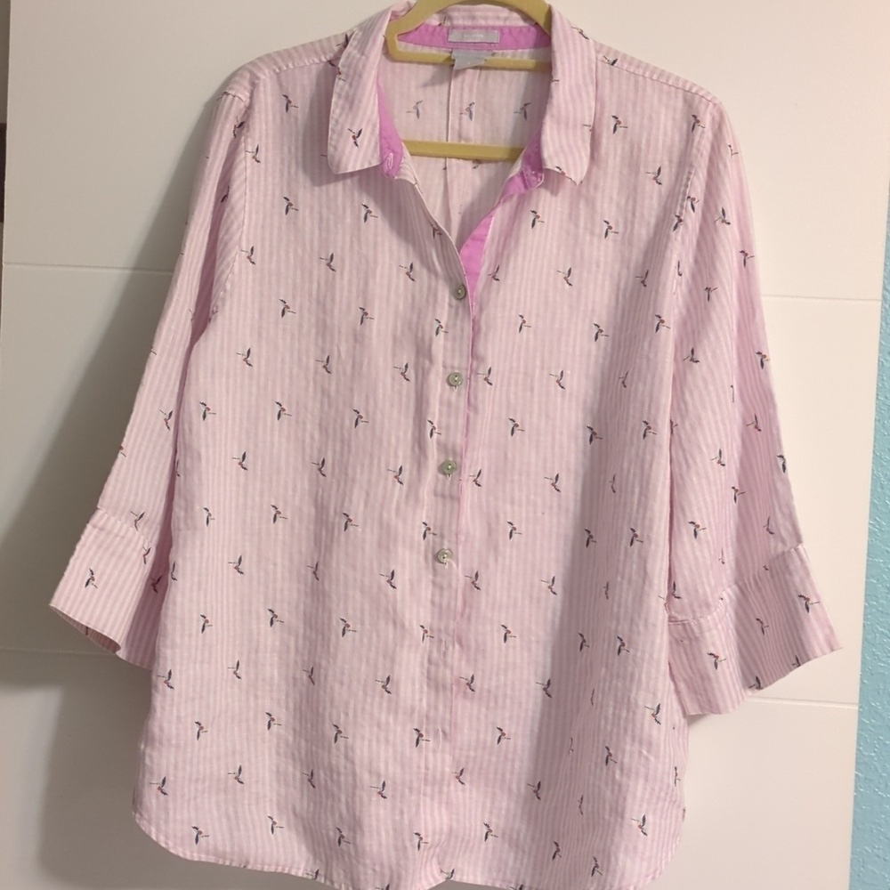 Chico's Light Pink Linen Striped HomingBird Novelty Print Button Down Shirt SzXL